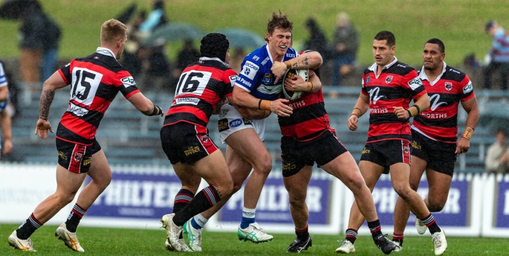 Newtown front-rower Jesse Colquhoun charges into the North Sydney defensive line on Saturday at Henson Park. Photo: Mario Facchini/mafphotography